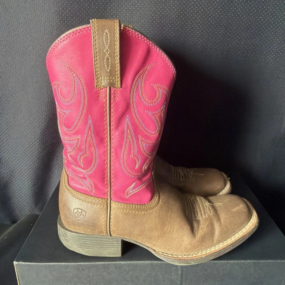 Ariat Western Boot Square Toe Leather Pink Upper Girls Size 13
